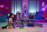 Monster High Casa de muñecas Haunted High School con 7 áreas de juego y muebles, +35 accesorios, 2 plantas y capacidad para 3 muñecas, juguete +4 años (HLP88), Violeta