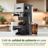 Cuisinart® Máquina de Espresso Slim | Espresso, Americano, Cold Brew | Vaporizador de leche | 15 bares | Portafiltro sin fondo | Compacta | 1,5L | Tazas de viaje