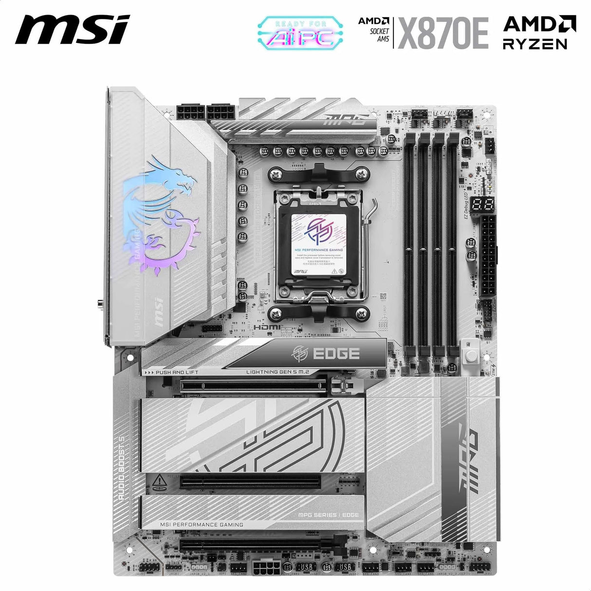 MSI MPG X870E Edge TI - Placa Base WiFi, ATX, Compatible con procesadores AMD Ryzen 9000/8000/7000, AM5-80A SPS VRM, DDR5 Memory Boost 8400+MT/s (OC), PCIe 5.0 x16, M.2 Gen5, Wi-Fi 7, 5G LAN