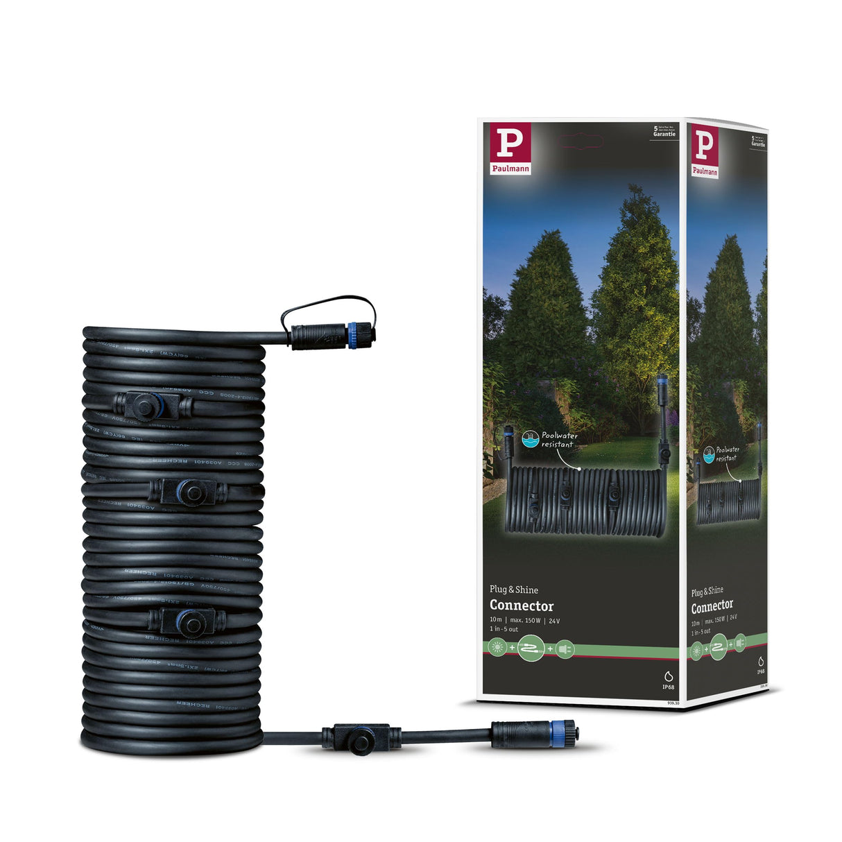 Paulmann 93930 Plug & Shine Connector exterior 10 m 1in-5out IP68 2x1,5 mm² 93930 Cable de extensión, cable de conexión, iluminación exterior, Negro