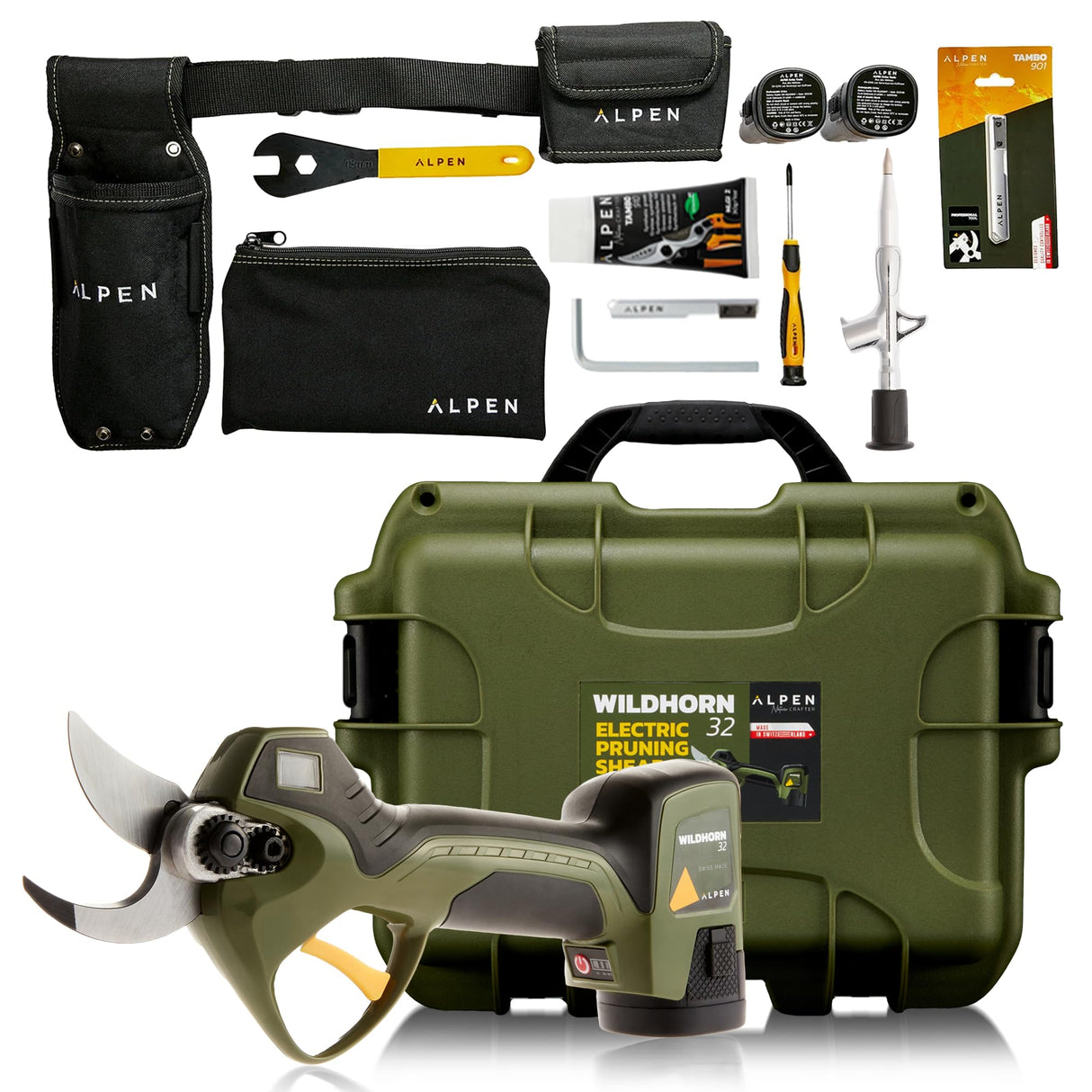 Alpen Wildhorn 32 - Kit de poda electrónica con batería de iones de litio inalámbrica, 12 horas de autonomía, 3 baterías, carga simultánea de 3 vías, cabezal de corte Felco fabricado en Suiza, estuche