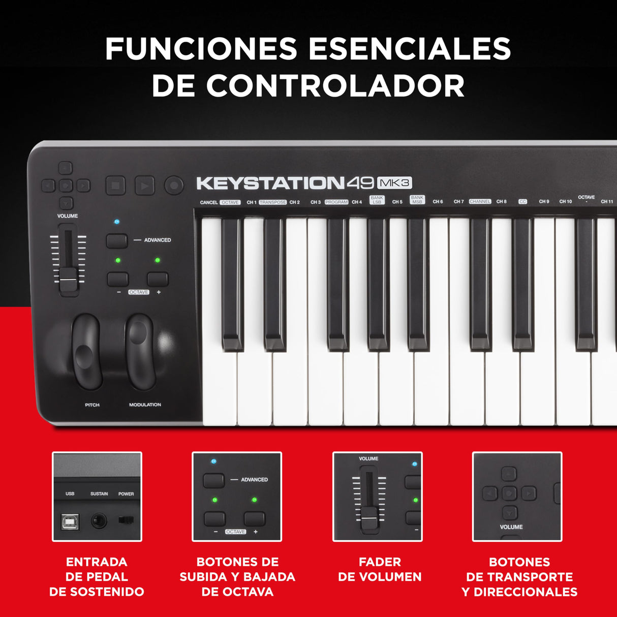 M-Audio Keystation 49 MK3 - Teclado Controlador MIDI USB Compacto de 49 teclas con controles asignables, ruedas de cambio de tono/modulación, conectividad Plug-and-Play (Mac/PC) y software incluida