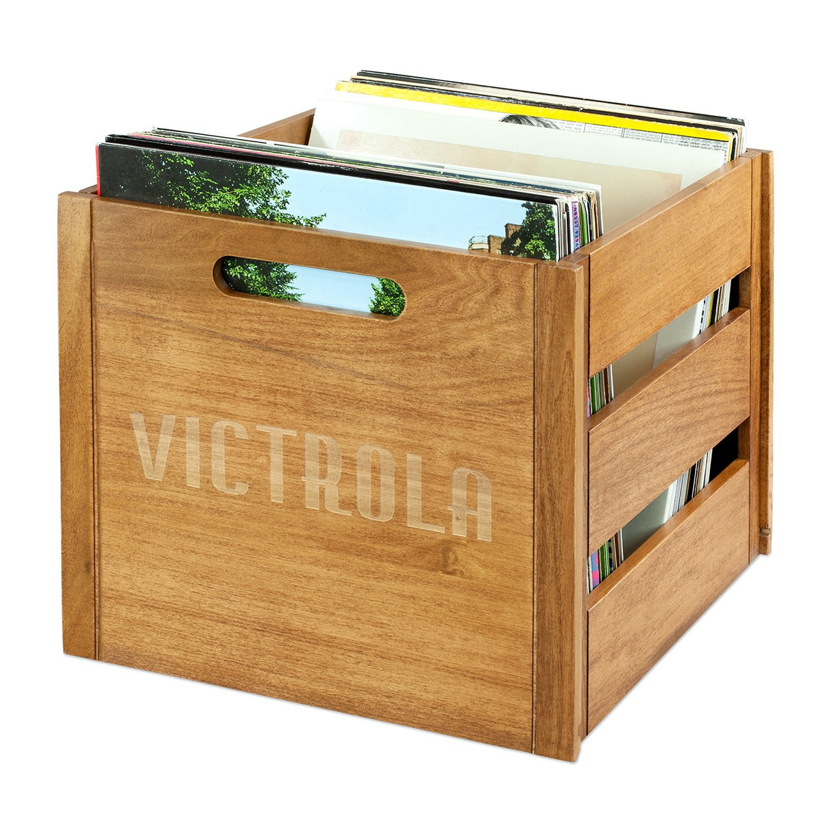 Victrola Caja de madera – Soporte para álbum de mesa y organizador para todos los discos, capacidad para más de 50 vinilos, acabado de madera elegante, fácil instalación, diseño elegante