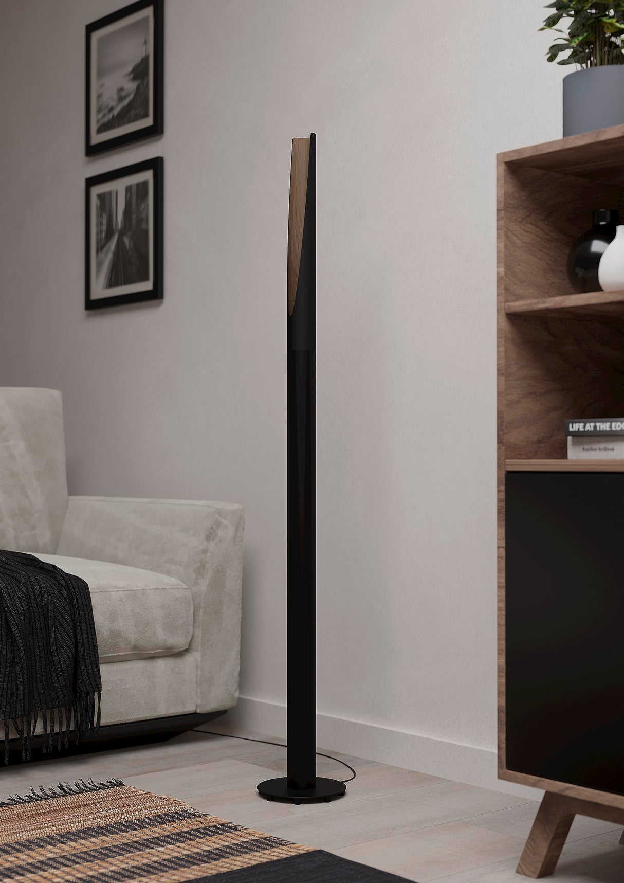 EGLO LED Barbotto Lámpara de pie elegante, lámpara esquinera, de pie de acero negro y madera natural, lámpara para salón, blanco cálido, 137 cm