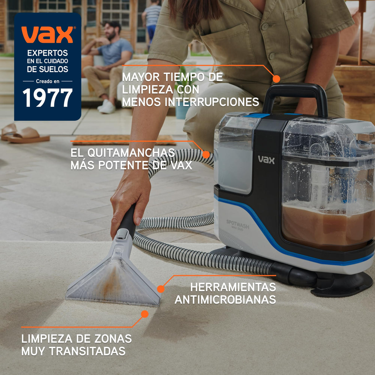 Limpiador quitamanchas Vax SpotWash Max Duo, quitamanchas para alfombras y tapicerías con tecnología SpinScrub, depósitos XL, limpieza profunda para manchas, sofás, suelos duros