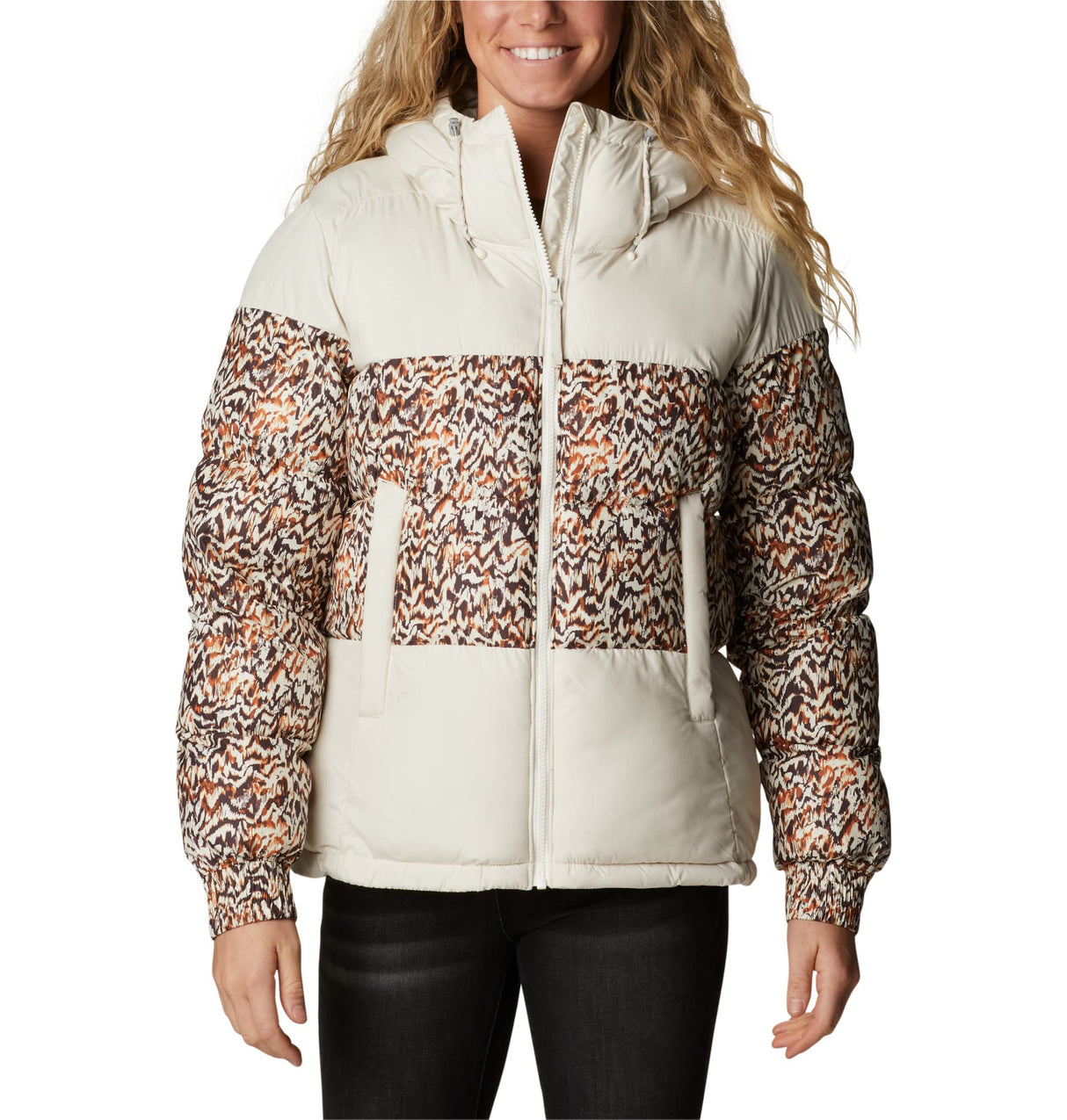 Columbia Pike Lake 2 Hooded Insulated Jacket, Chaqueta Acolchada Con Capucha para Mujer, Chalk/Warm Copper Terrain Print, Talla L