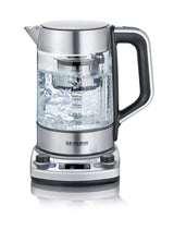 SEVERIN - Hervidor de té y agua de cristal con elevación automática, 1.7 L, 3000 W, Elemento calefactor oculto por placa de acero inoxidable, acero inoxidable y cristal, WK 3422