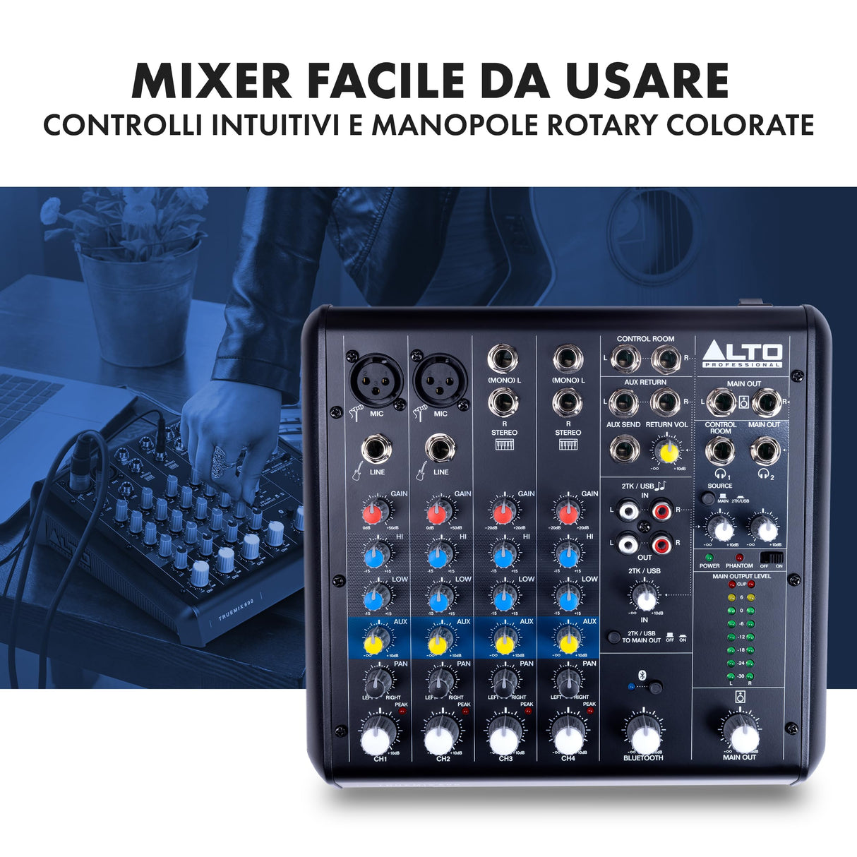ALTO TrueMix 600 Mesa de Mezclas Con 2 Entradas XLR de Micrófono, Interfaz de Audio USB y Bluetooth Para Podcasts, Actuaciones en Vivo, Grabaciones, DJ, PC y Mac