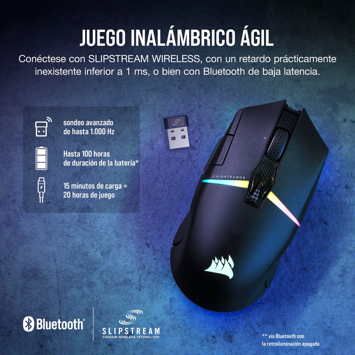Corsair NIGHTSABRE WIRELESS RGB FPS/MOBA Ratón para Juegos - 26,000 DPI - 11 Botones Programables - Batería Hasta 100hrs - Compatible con iCUE - PC, PS5, PS4, Xbox - Negro