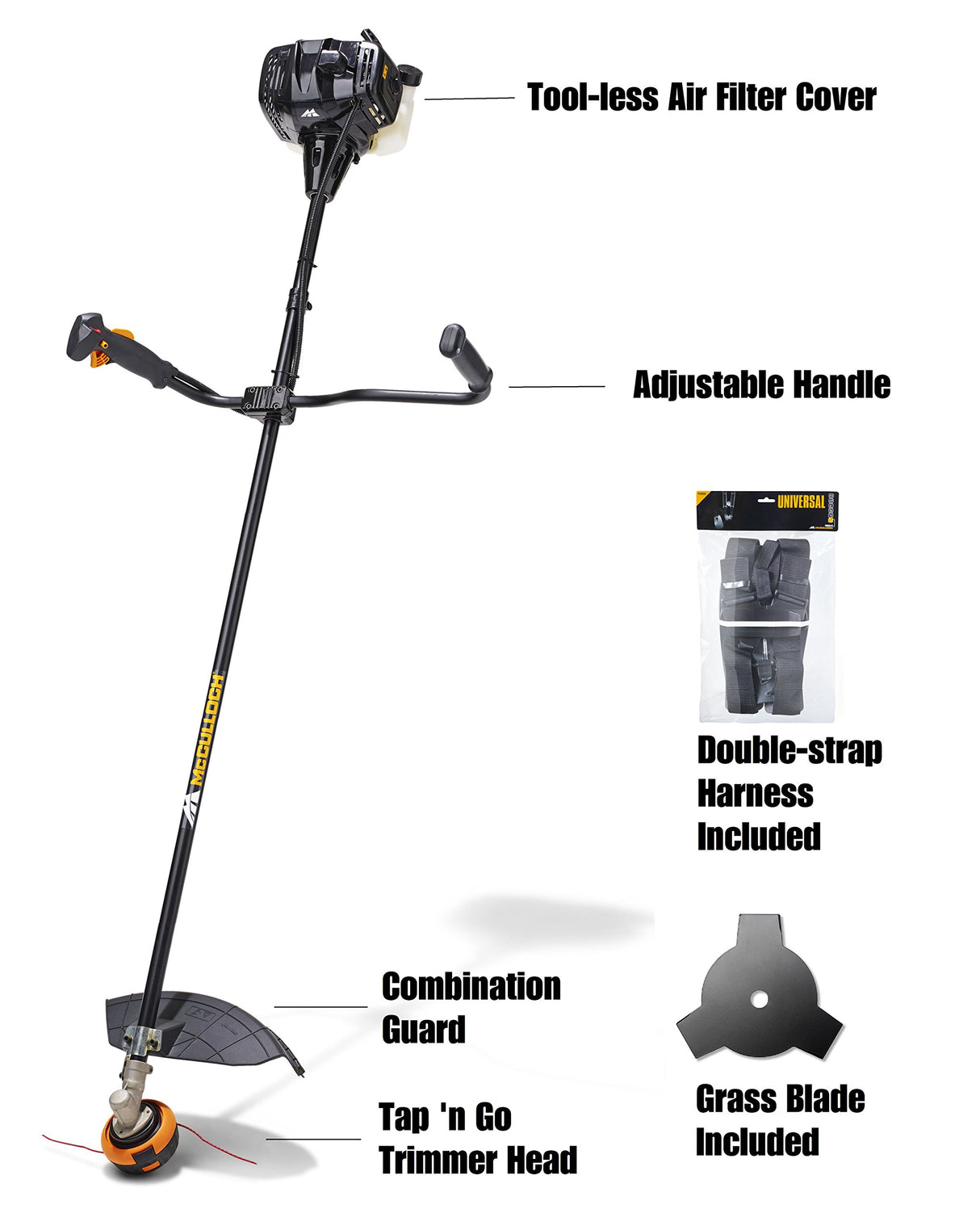 McCulloch 00096-70.574.01 B33 B Desbrozadora con un ancho de trabajo de 52 cm, cabezal de corte, función soft start, asa ajustable