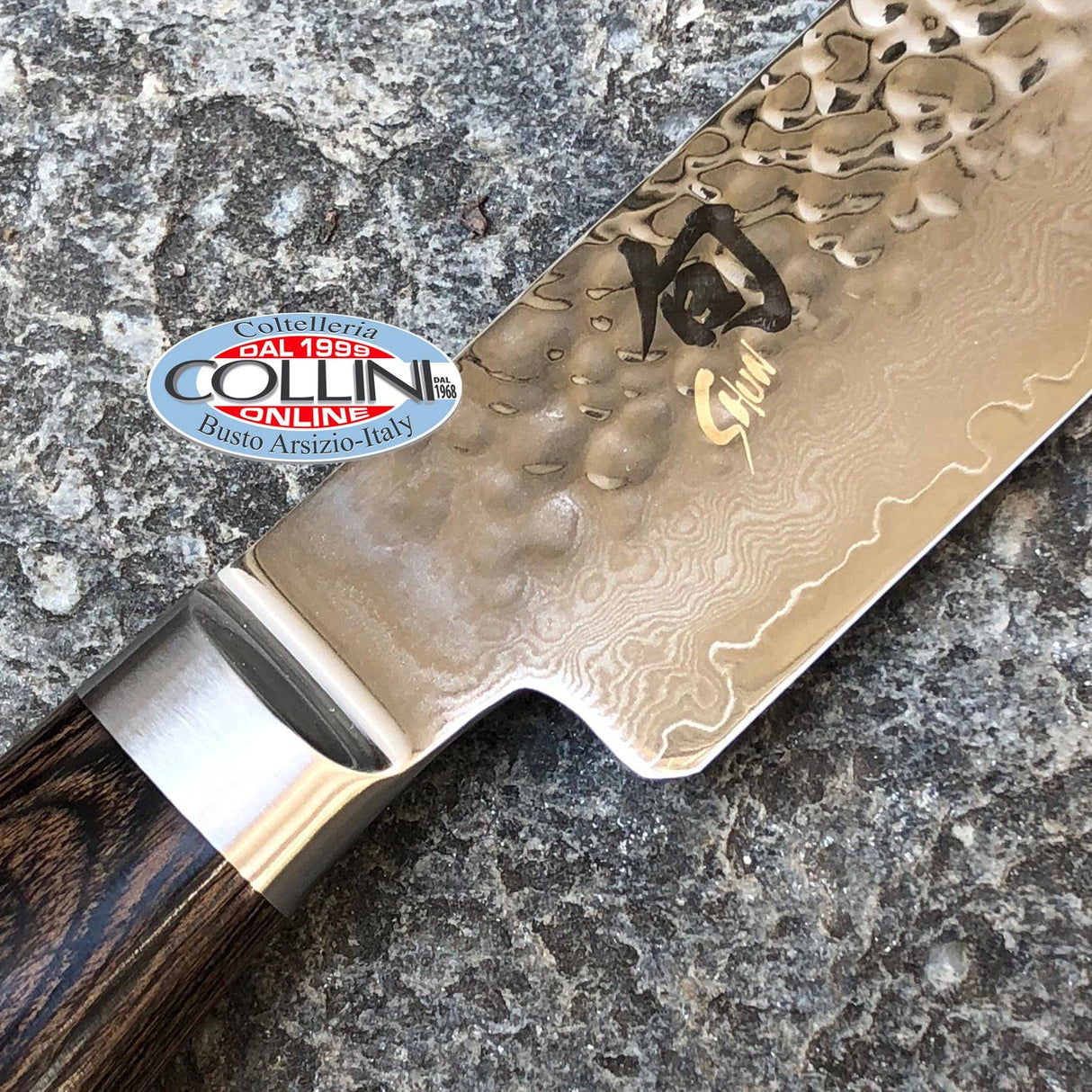 KAI Shun Premier Tim Mälzer Cuchillo japonés para jamón con hoja de 24 cm - Núcleo VG-MAX 61 HRC, 32 capas de Damasco pulido - Mango de madera de Pakka color marrón medio - Superficie martillada