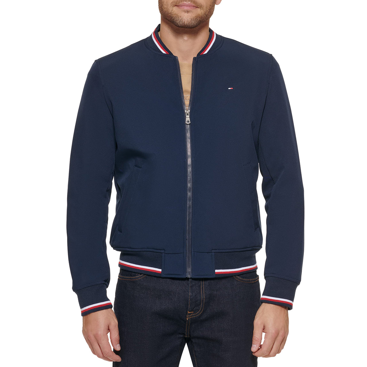 Tommy Hilfiger Chaqueta Bomber Ligera de Punto Acanalado Varsity, Midnight Soft Shell, XXXL para Hombre