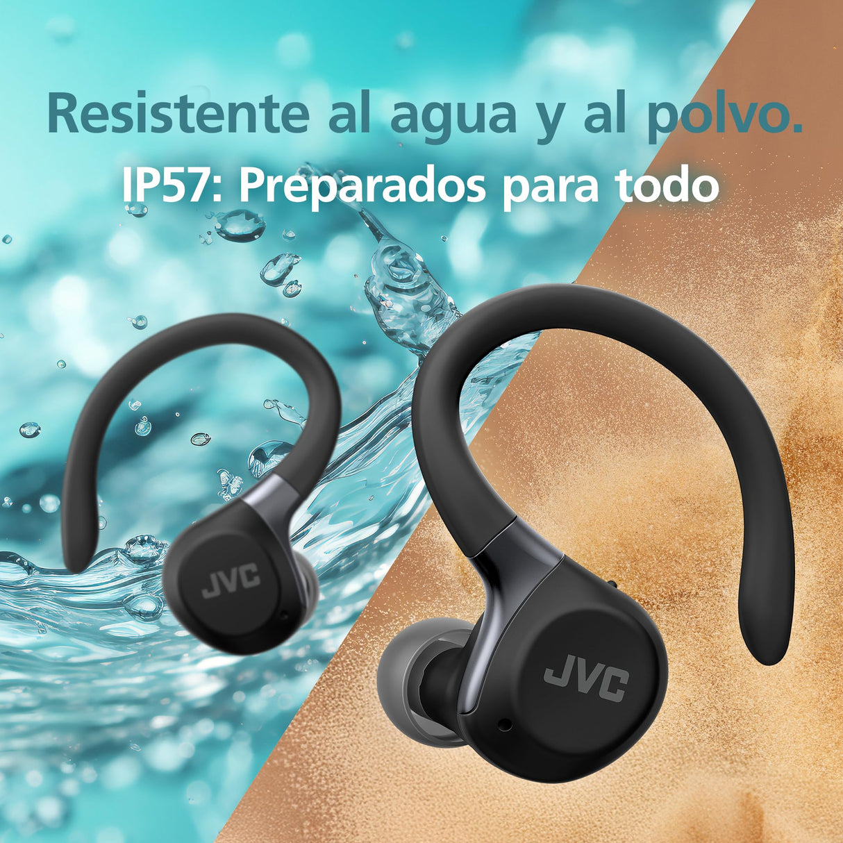 JVC Auriculares Inalámbricos Deportivos HA-EC75T, Ganchos Ajustables, 40h Batería, Cancelación de Ruido + Modo Ambiente, Resistencia IP57, Baja Latencia, Micrófono – Negro