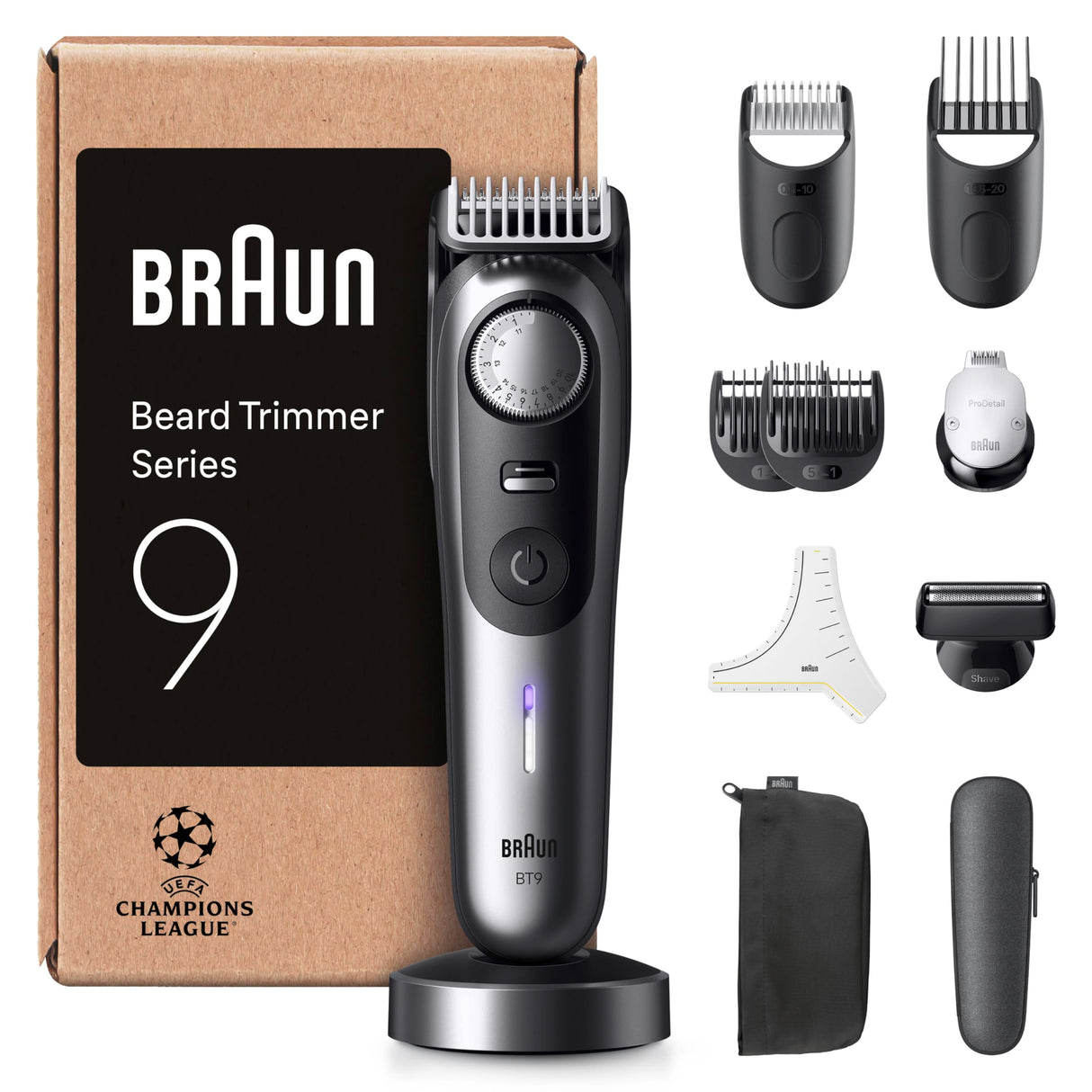 Braun Recortadora De Barba Series 9 BT9545, +11 Accesorios Para Barba, 52 Longitudes, ProBlade, Cromo