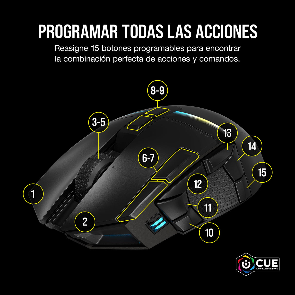 Corsair DARKSTAR Ratón Inalámbrico RGB Para Juegos MMO - 26.000 PPP - 15 Botones Programables - Batería Hasta 80 Horas - Compatible con iCUE - PC, PS5, PS4, Xbox - Negro