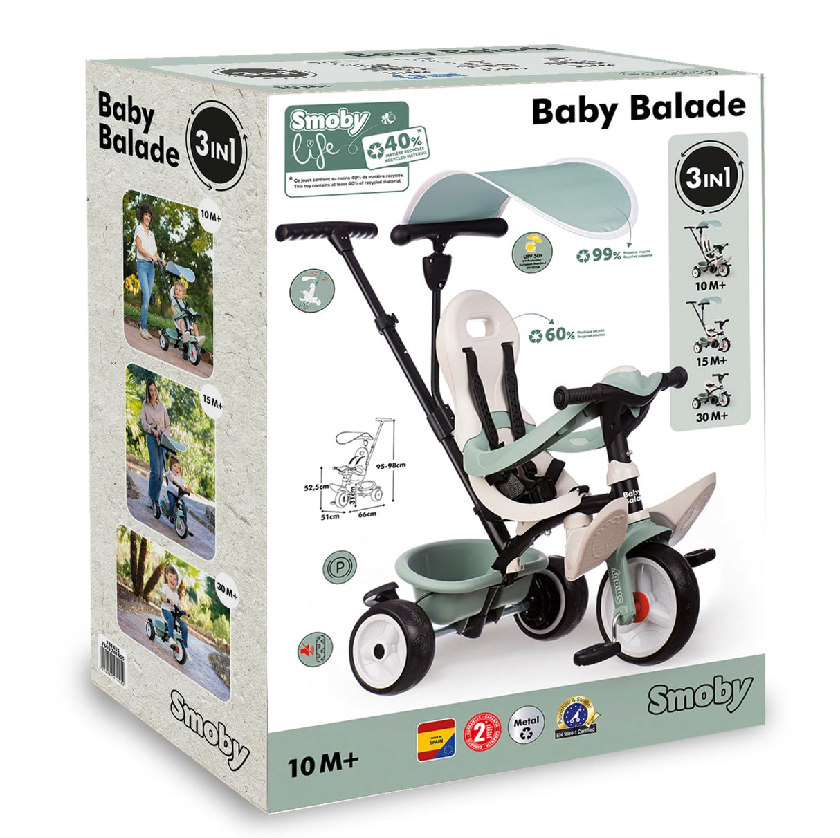 Smoby Life - Triciclo Baby Balade Progresivo 3 en 1, Sostenible, con Materiales Reciclados, Homologado, Freno de Estacionamiento, Barra Parental Ajustable, de 10 Meses a 3 Años (7600741405)
