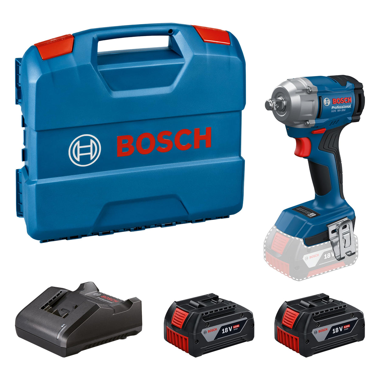 Bosch Professional 18V System llave de impacto a batería GDS 18V-350 (kit con 2 baterías de 4,0 Ah + GAL 1820, maletín de transporte)