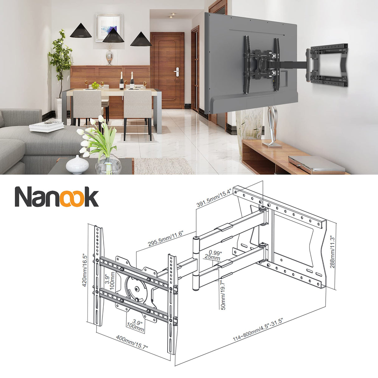 Nanook 2080 Soporte de Pared de Brazo Largo para televisores de 32 a 75 Pulgadas, Extensión Extra Larga de hasta 80 cm, Soporte de TV Que Permite Movimiento Completo, Soporta un Peso de hasta 60 kg