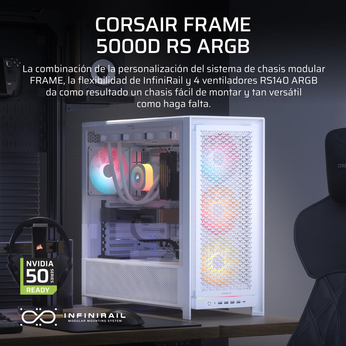 CORSAIR Frame 5000D RS ARGB Caja Modular Mid-Tower de Gran Flujo de Aire para PC – 4X Ventiladores RS Preinstalados, Sistema de Montaje de Ventiladores InfiniRail – Blanc