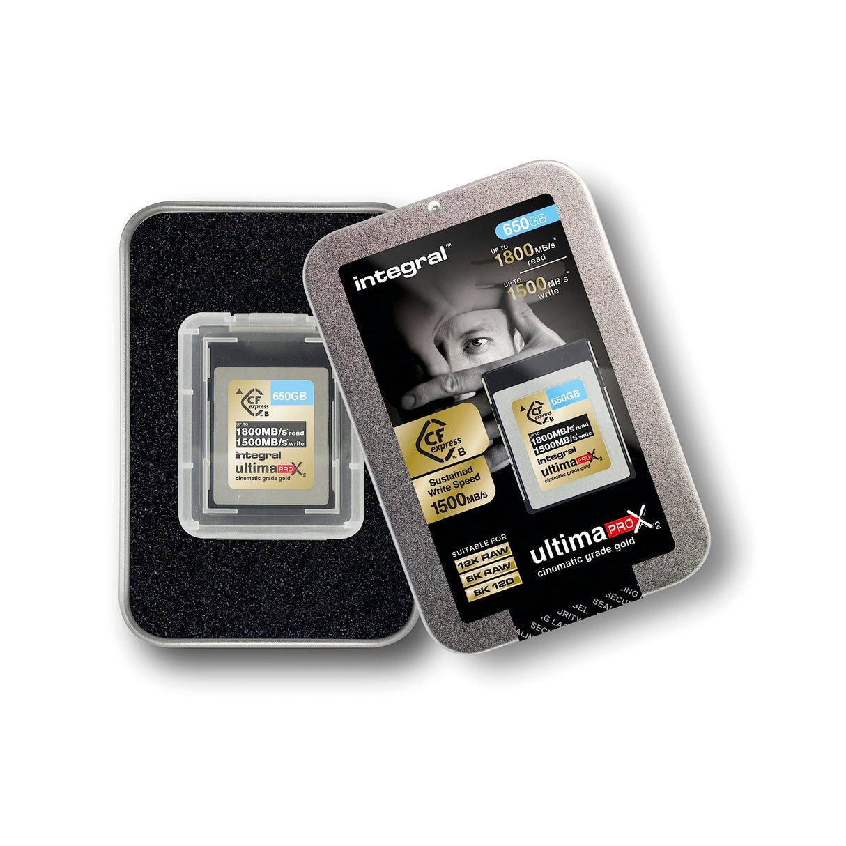 Integral 650GB CFexpress Memory Card Type B 2.0 12K and 8K Raw and 8K 120 FPS 1800MB/s Read 1500MB/s Write Speed 1500MB/s Sustained Write Speed Designed for Advanced Cinematic and DSLR Cameras