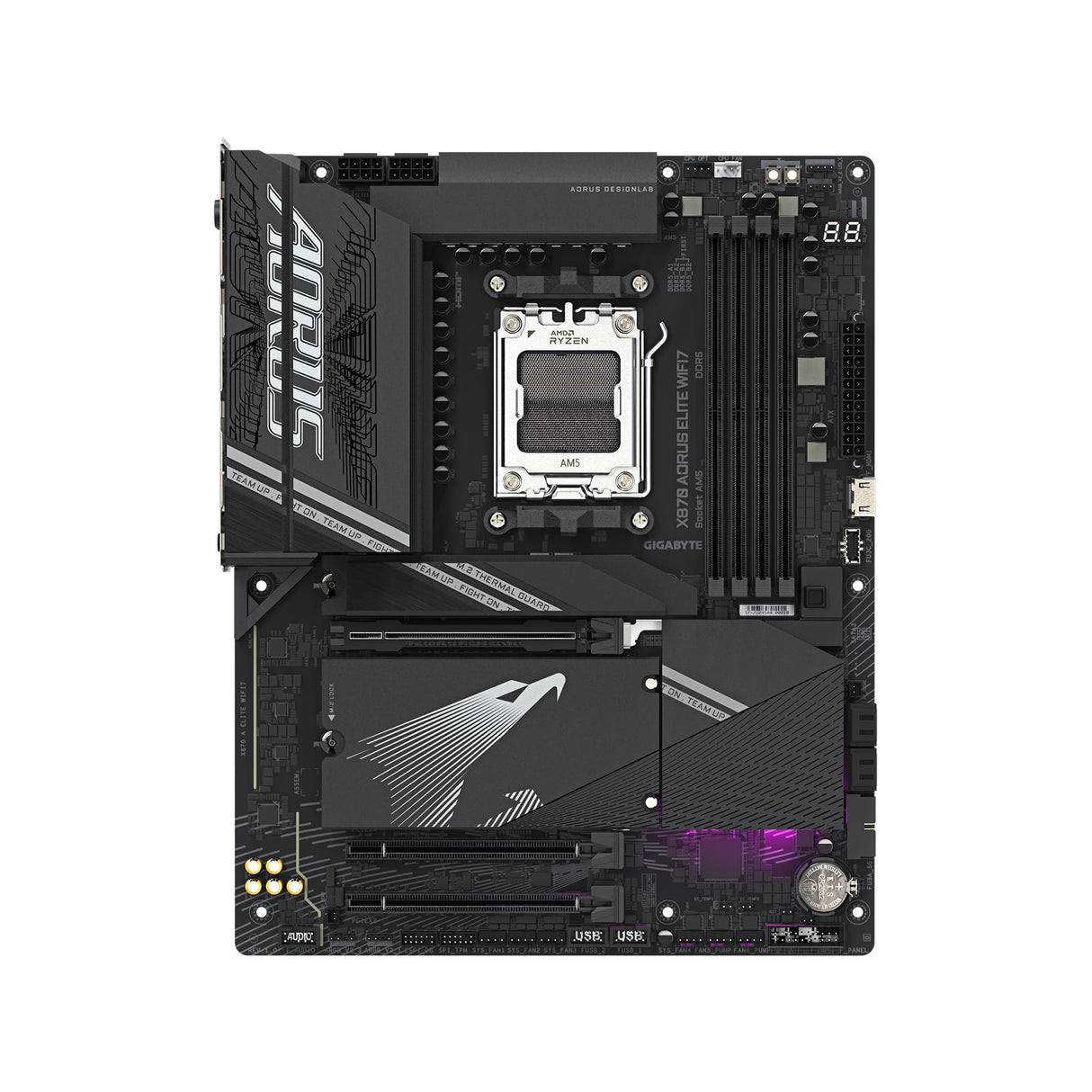 GIGABYTE Placa Base X870 AORUS Elite WIFI7 - Compatible con CPUs AMD Ryzen 9000, VRM de 16+2+2 Fases, hasta 8000MHz DDR5 (OC), 3xPCIe 5.0, Wi-Fi 7, LAN 2.5GbE, USB 4