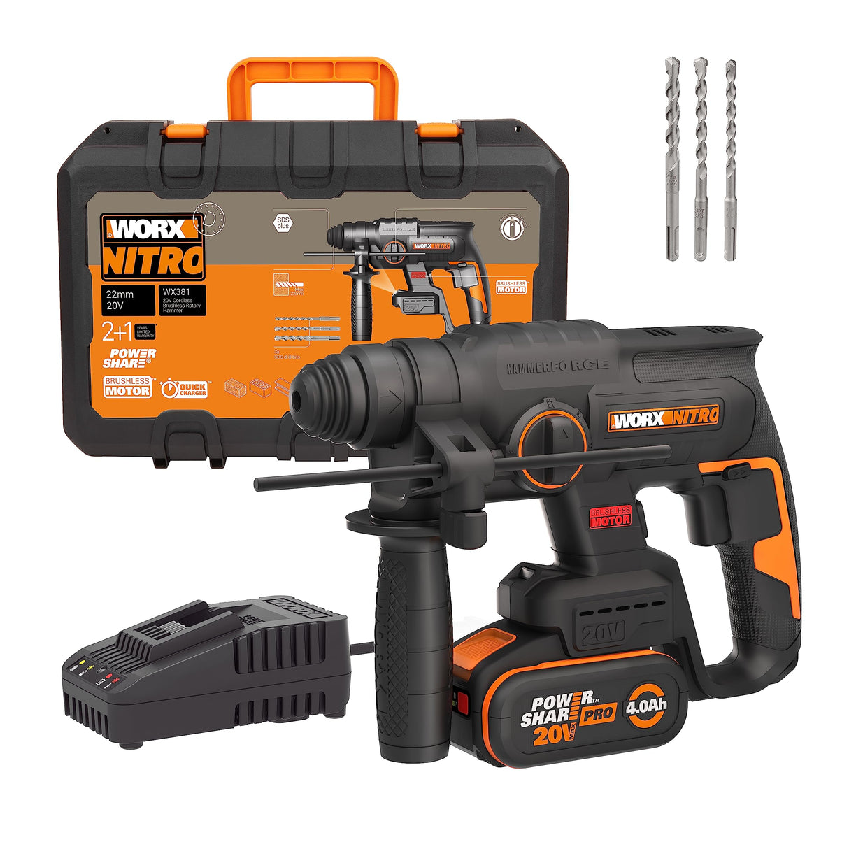 WORX Martillo ligero batería 20v Máx.| WX381 | Motor sin escobillas | SDS-Plus | Taladro, percutor y demolición | 2J de impacto | Batería 4Ah y maletín | Antivibración y alto rendimiento