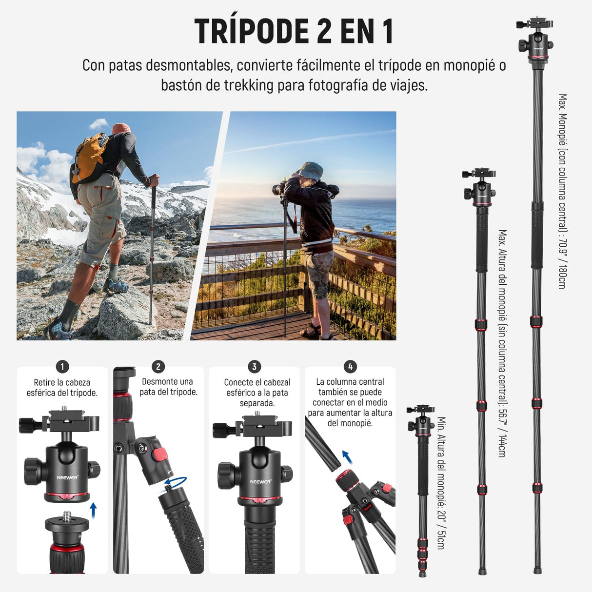 NEEWER 66"/168cm Trípode de Fibra Carbono para Cámara Cabeza de Bola Panorámica 360°,Placa Arca QR 1/4",Bolsa Portátil,Monopié Trípode Viaje Compacto Videocámara DSLR,Carga Máxima 26.5lb/12kg,N55C