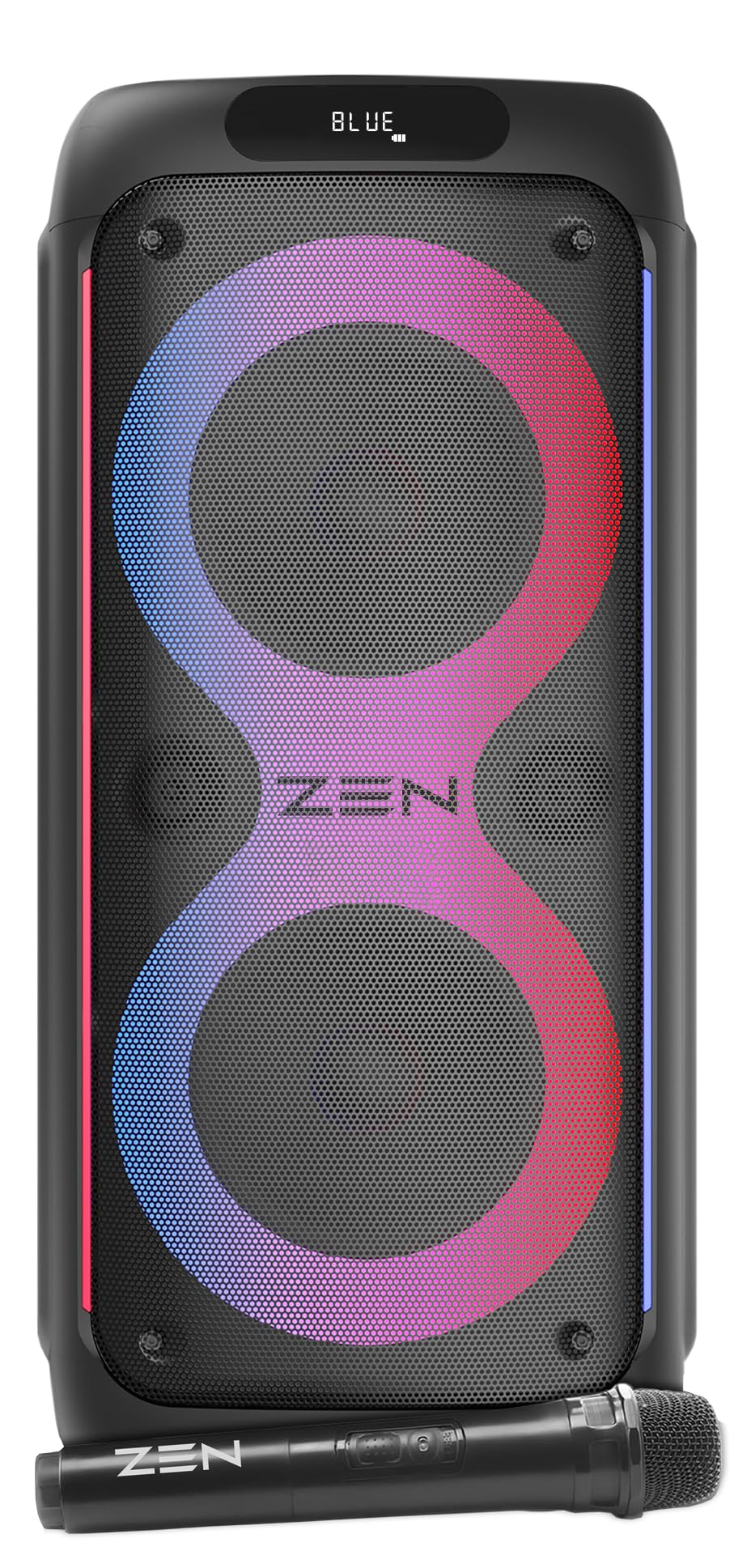 Altavoz portátil Bluetooth Zen Rings Potente de 600W, 7H de batería, luces LED RGB. Altavoz Grande con TWS, Aux in, USB, entrada de micrófono, y micrófono inalámbrico, con radio FM y con gran potencia