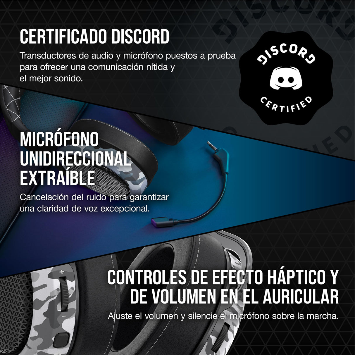 Corsair HS60 HAPTIC Auriculares Estéreo para Juegos con Efectos Hápticos en Los Bajos (Taction Technology, Almohadillas de Lujosa Espuma Viscoelástica, Micrófono Extraíble) Camo