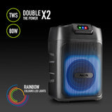 NGS Wild Club – Altavoz Portátil Bluetooth 5.2 con 80W de Potencia, TWS Luces Láser, Doble Entrada de Micrófono, Puerto USB/AUX/TF, Batería Recargable de 5400mAh, Karaoke Sonido, LED RGB.