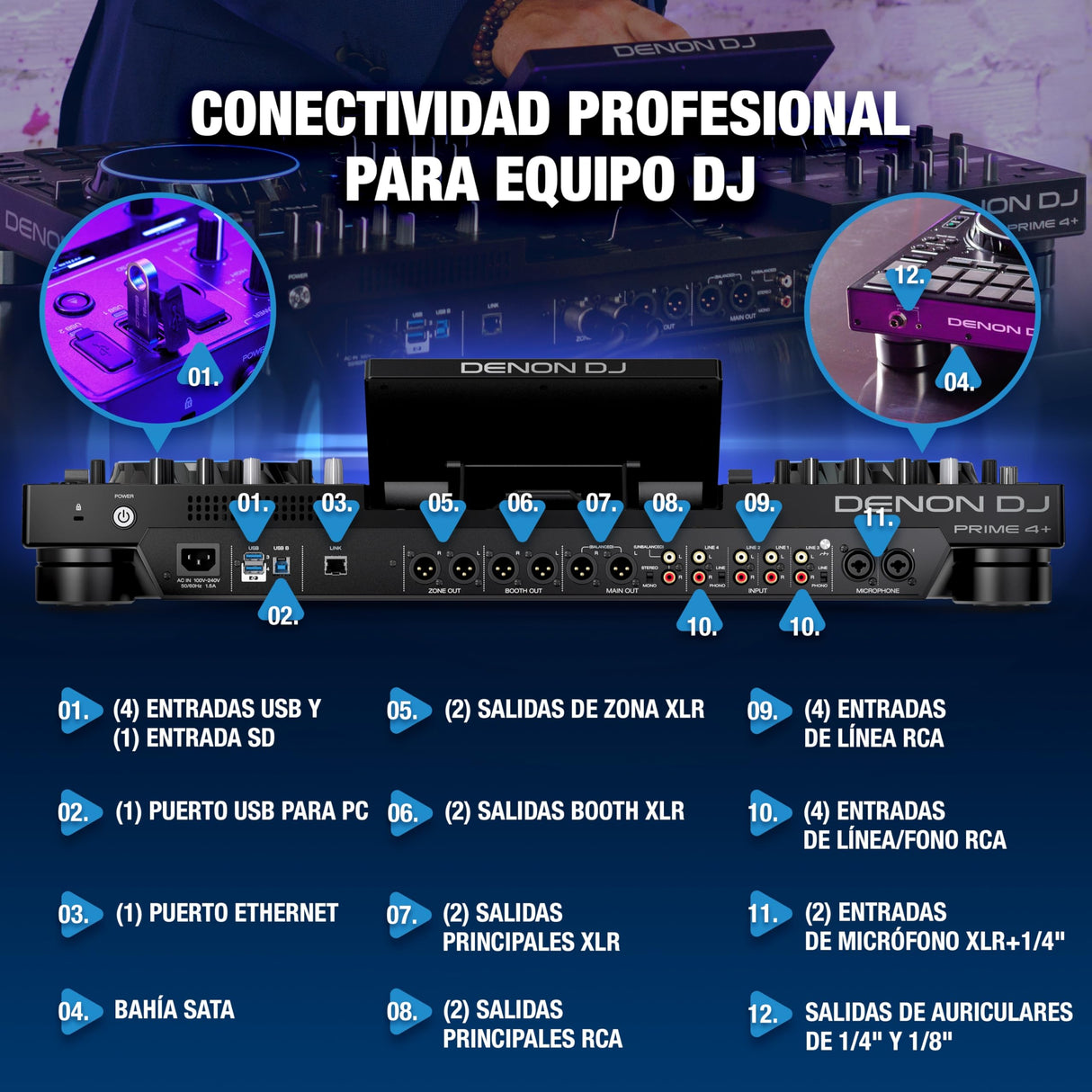 Denon DJ PRIME 4+ controlador DJ autónomo con Separación de Stems en 4 Decks, streaming por wifi, Mezclador, pantalla táctil 10,1", control de luces
