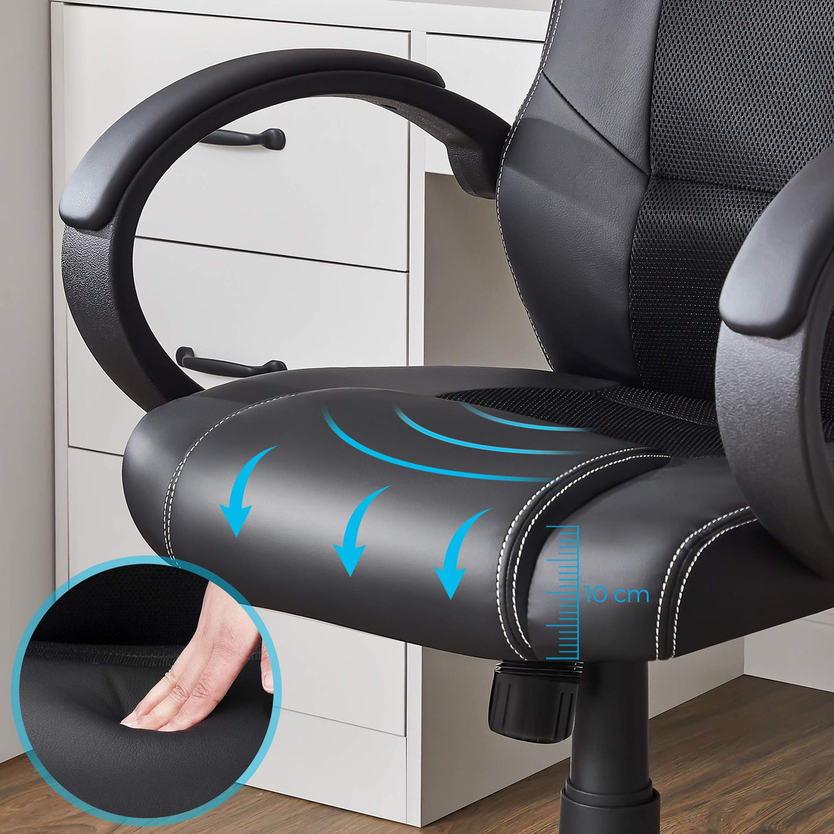 SONGMICS Racing Silla de Escritorio de Oficina Ergonómica Regulable con Ruedas, OBG56B, Negro, 776732