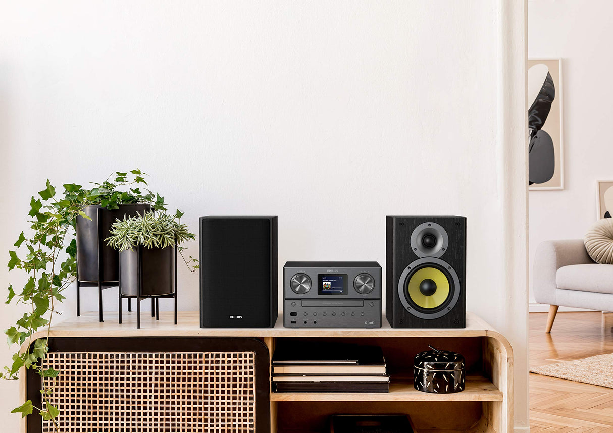 Philips TAM8905 Sistema de música Micro 100W, Bluetooth, Spotify Connect, Radio por Internet, Dab+, CD, USB, Altavoces Bass-Reflex, Control Digital de Sonido, diseño clásico con Pantalla a Color