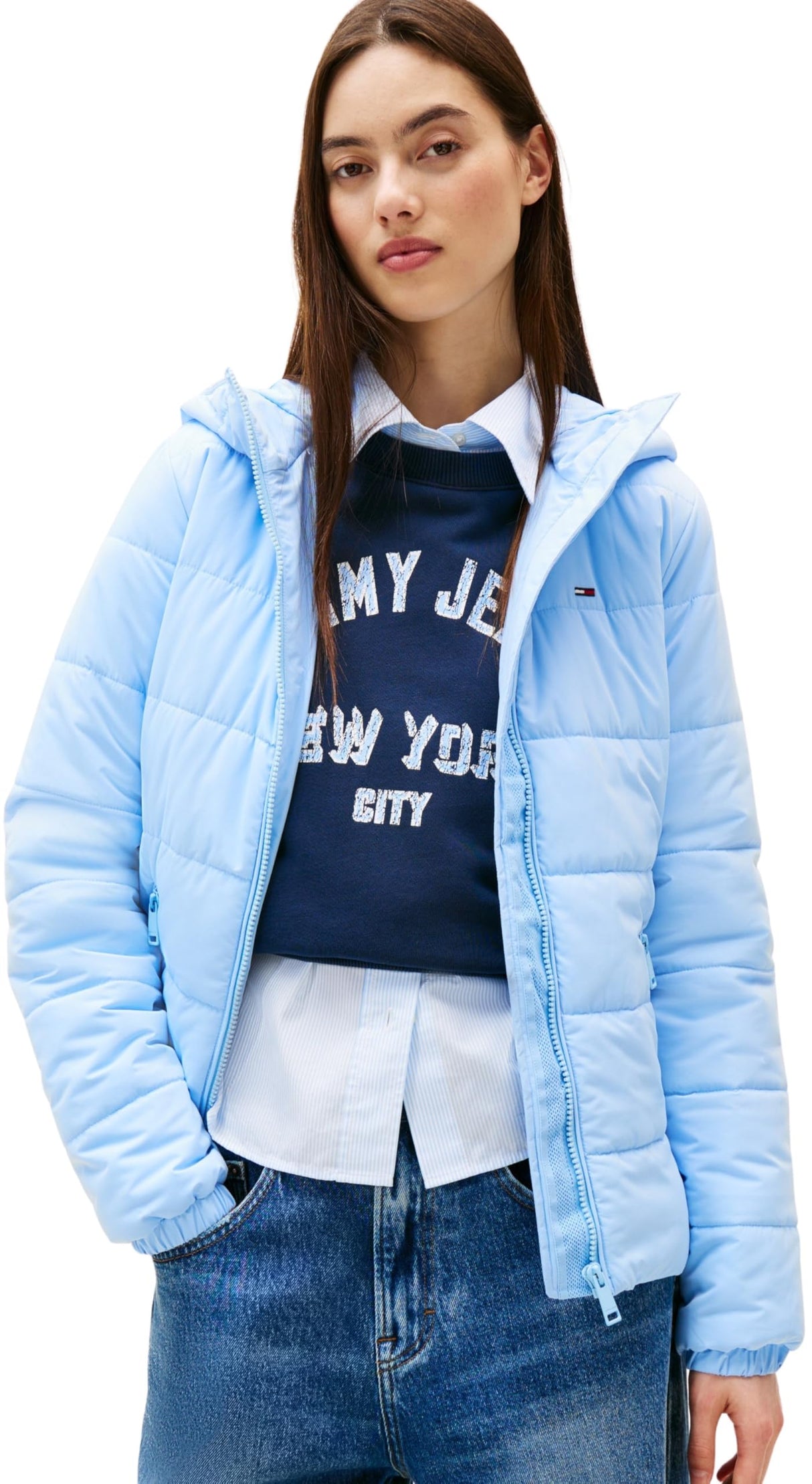 Tommy Jeans Cazadora acolchada Mujer Hooded con cremallera, Azul (Light Powdery Blue), M