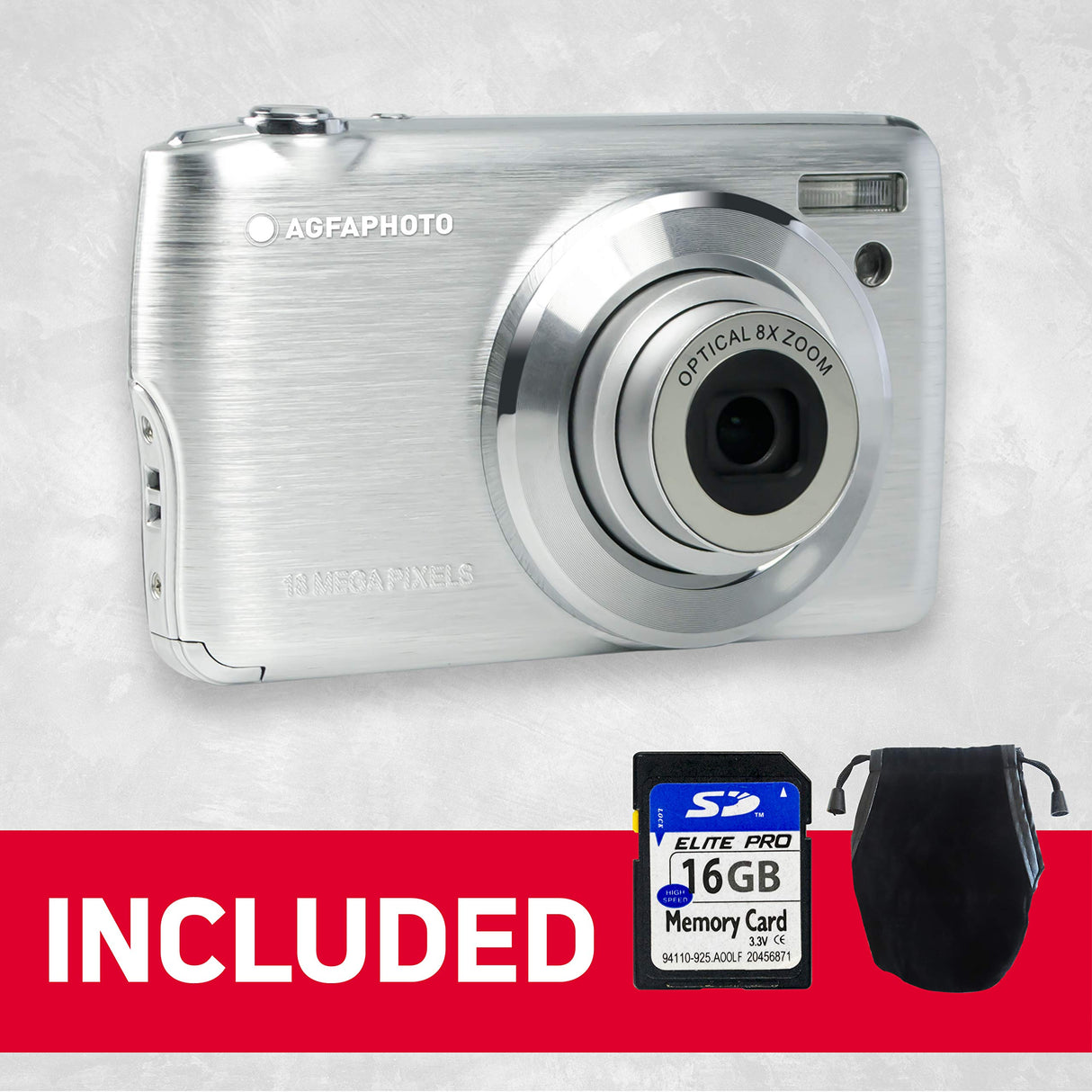 AGFA Photo Realishot DC8200 - Cámara Digital Compacta, 18MP, Video Full HD, Pantalla LCD 2.7'', Zoom Óptico 8X, Batería de Litio y Tarjeta SD de 16GB - Plata