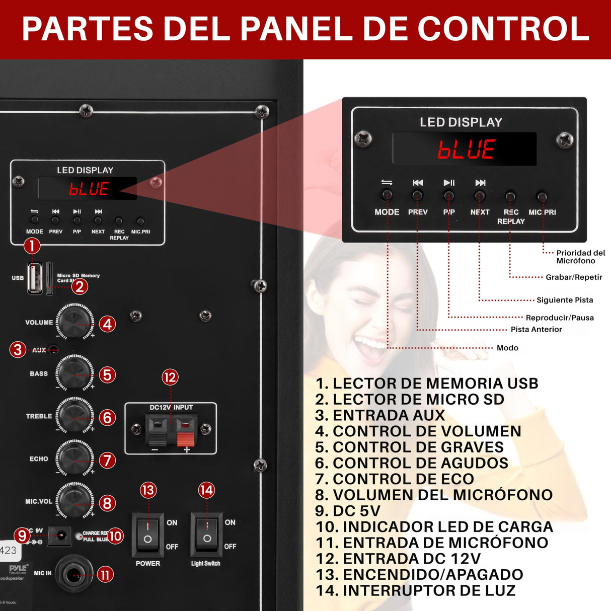 PYLE Sistema de Altavoces, PA,1200W, Bluetooth, Portatil, Recargable, Interiores, Exteriores, subwoofer de 12”, Tweeter de 1”, grabación, micrófono, Luces de Fiesta, Radio USB/SD, Negro