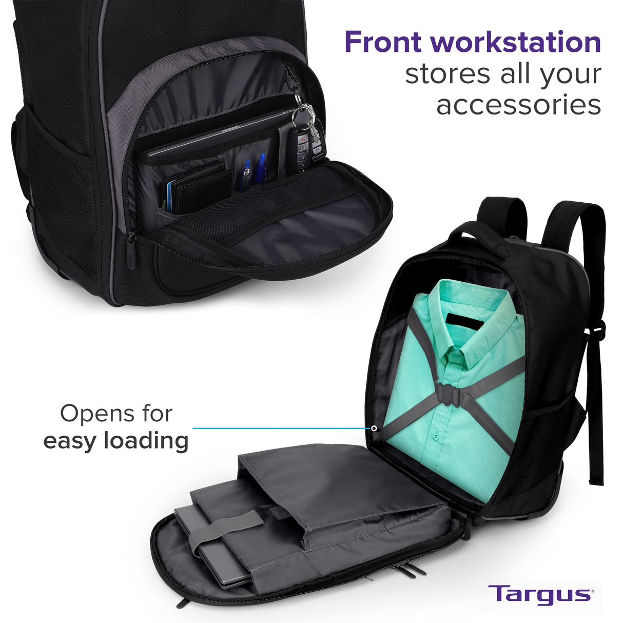 Targus Mochila compacta con ruedas para negocios, estudiantes universitarios y viajes, material duradero, bolsillo para tableta, funda protectora extraíble para laptop de 16 pulgadas, color negro
