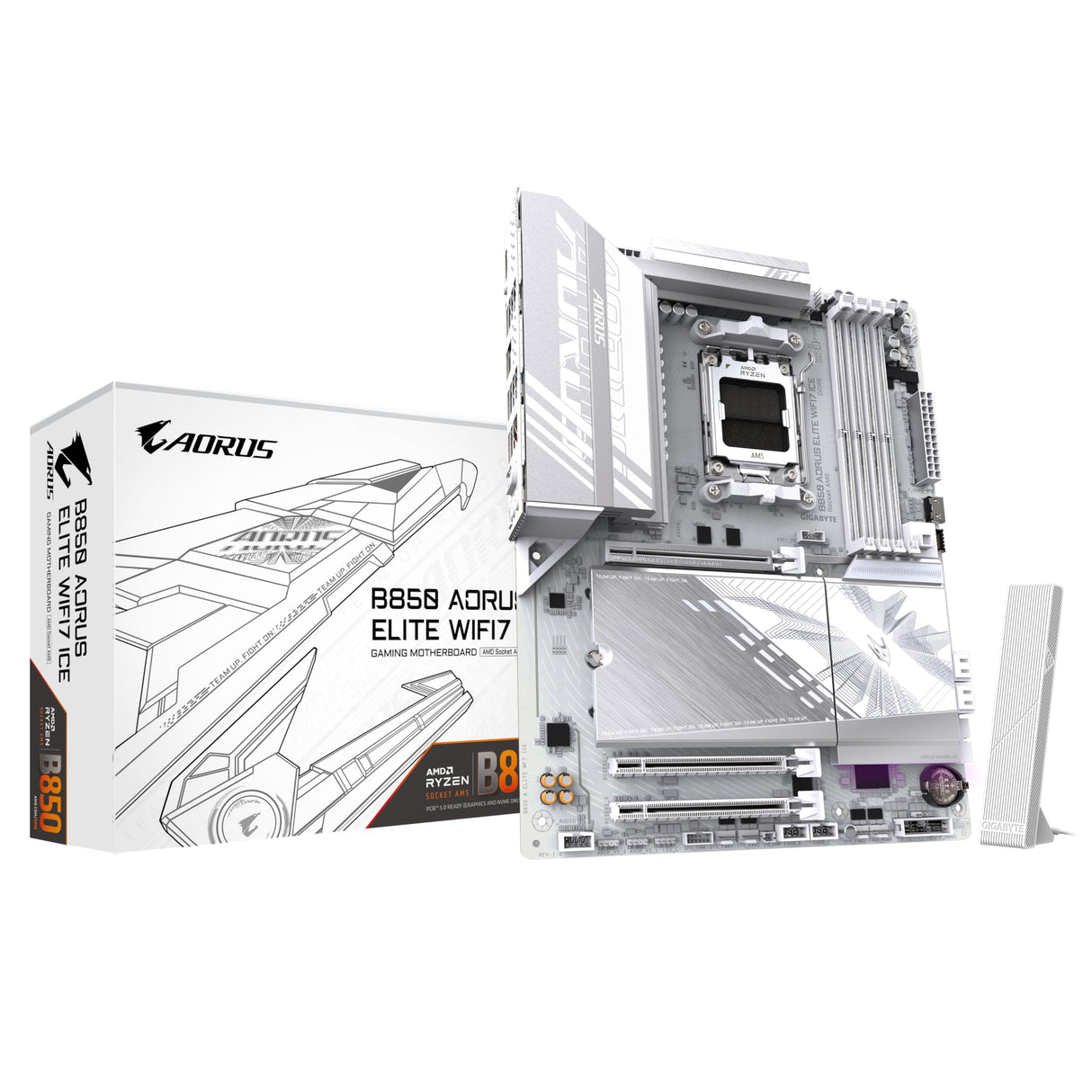 GIGABYTE B850 AORUS Elite WIFI7 Ice Placa Base - Procesadores AMD Ryzen Serie 9000, VRM Digital de 12+2+1 Fases, hasta 8200MHz DDR5 (OC), 1xPCIe 5.0 + 2xPCIe 4.0 M.2, LAN 2.5, WiFi 7, USB 3.2 Gen 2x2