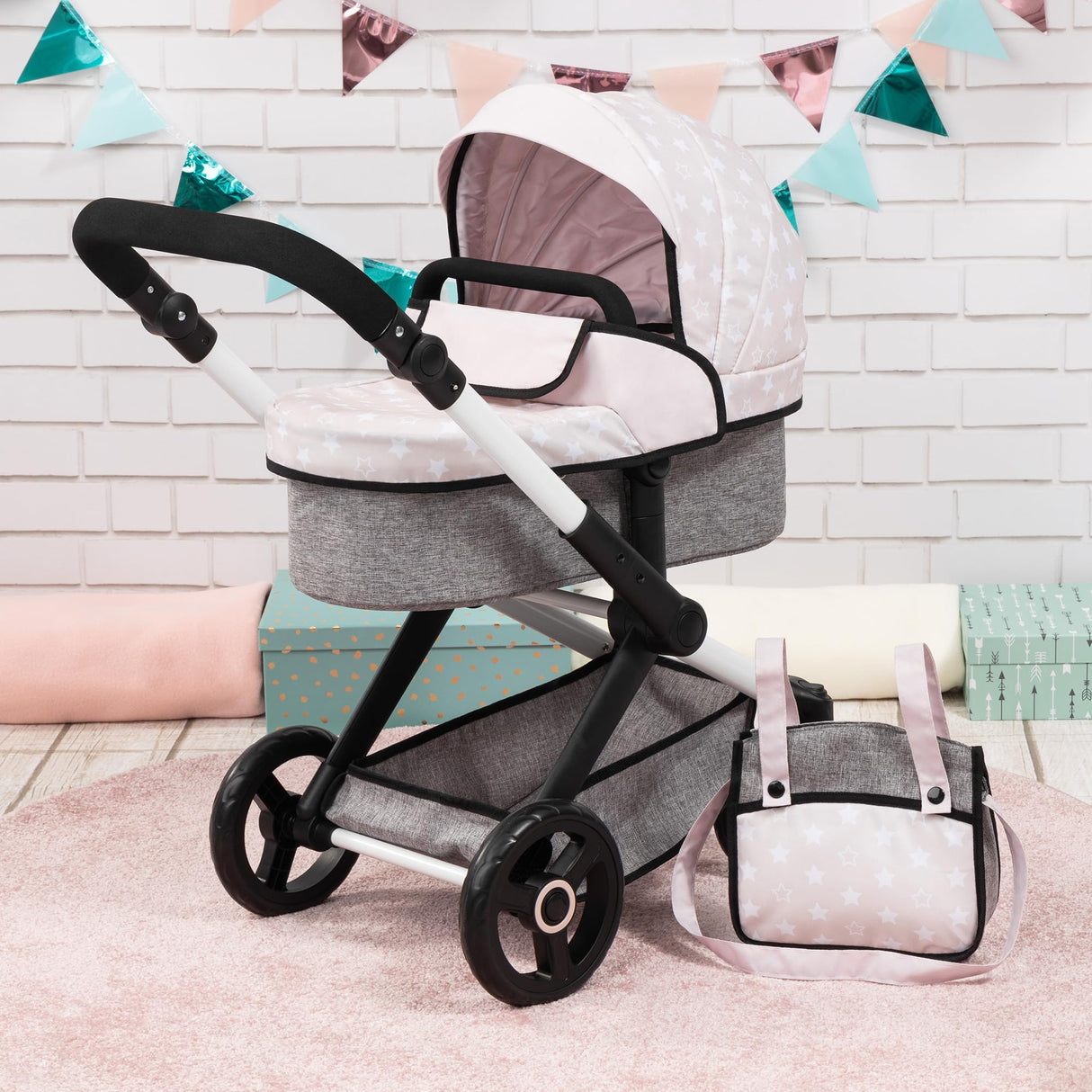 Bayer Design 17031AA Cochecito de muñeca Combi Xeo, Carro para muñecos, Bolsa, Convertible, Regulable en Altura