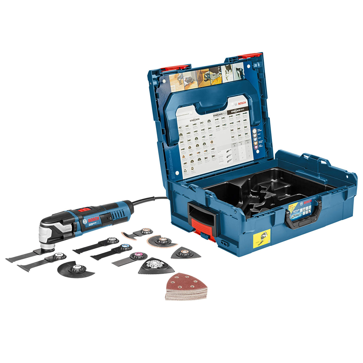 Bosch Professional GOP 55-36 - Multiherramienta (550 W, Starlock, set de 10 accesorios + 25 lijas, en L-BOXX)
