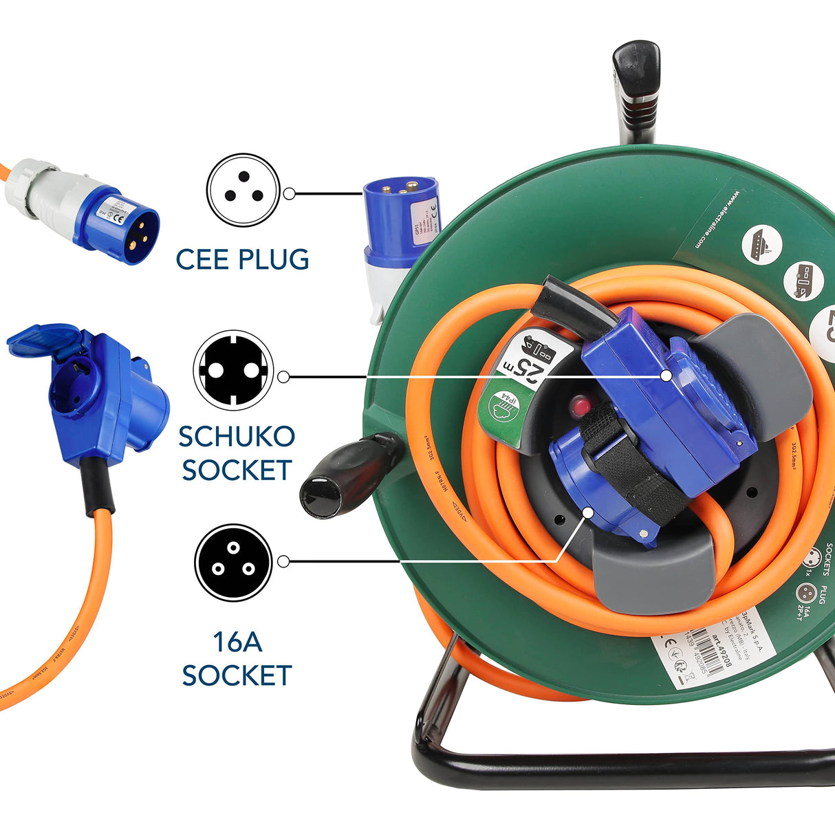 Electraline 49208 Cable Alargador con Enrollacables Industrial de 25M para Campistas, Camping, Caravana,con Doble Toma (1 CEE Industrial+1 Schuko), Enchufe CEE IEC, Cable H07RN-F 3G2.5mm IP44, Verde