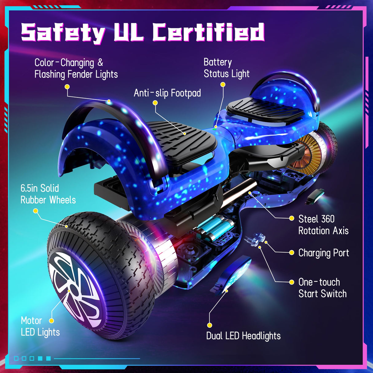 SISIGAD Hoverboard 6.5 inch with Hoverkart for children, self-balancing Eclectic Scooter easy to control, non-slip, LED lights, Bluetooth speaker