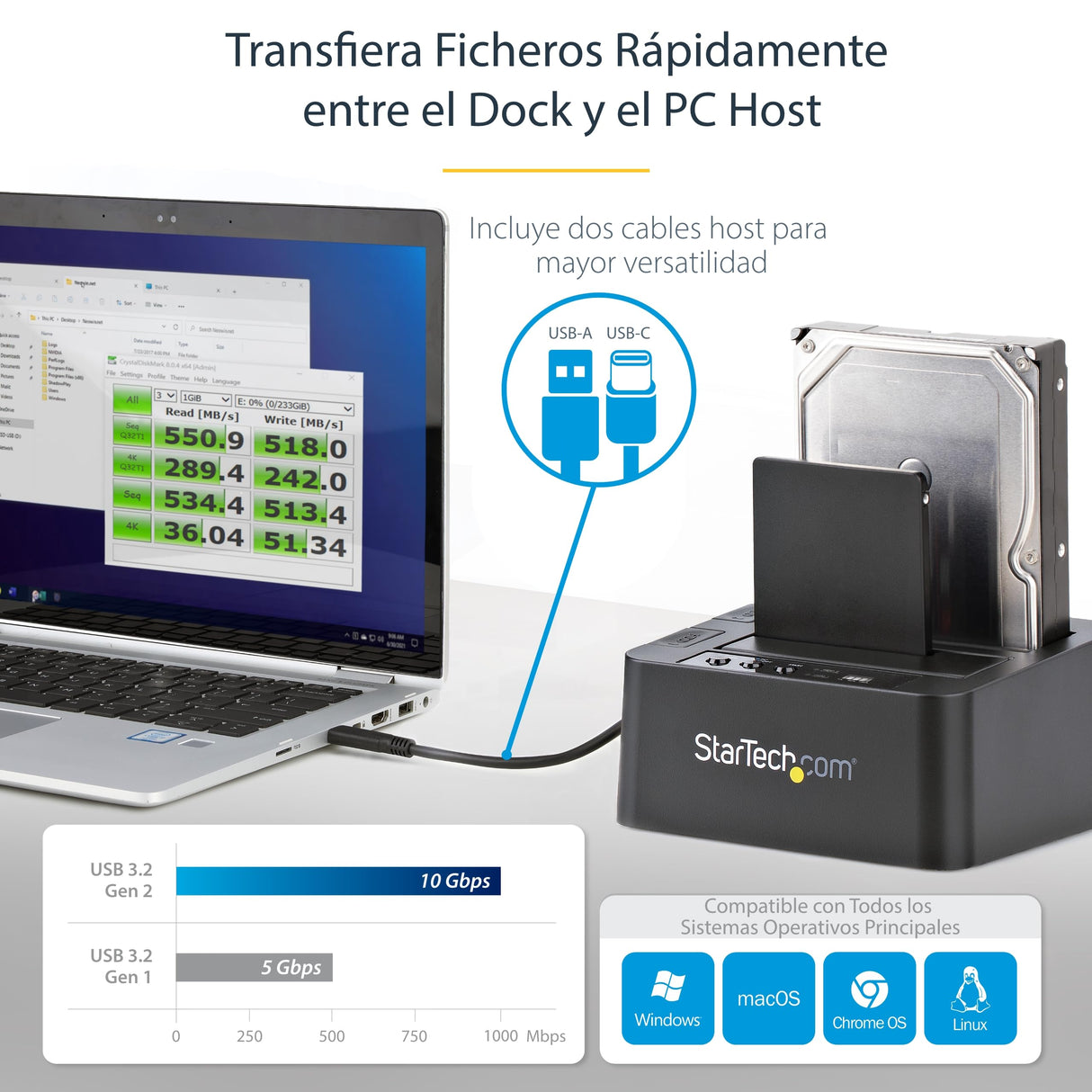 StarTech.com Duplicador Clonador Autónomo de Discos Duros o SSD SATA - Copiador de 2 Bahías - Base de Acoplamiento USB 3.1 (10Gbps) a Unidades SATA III de 2,5 o 3,5 Pulgadas (SDOCK2U313R)
