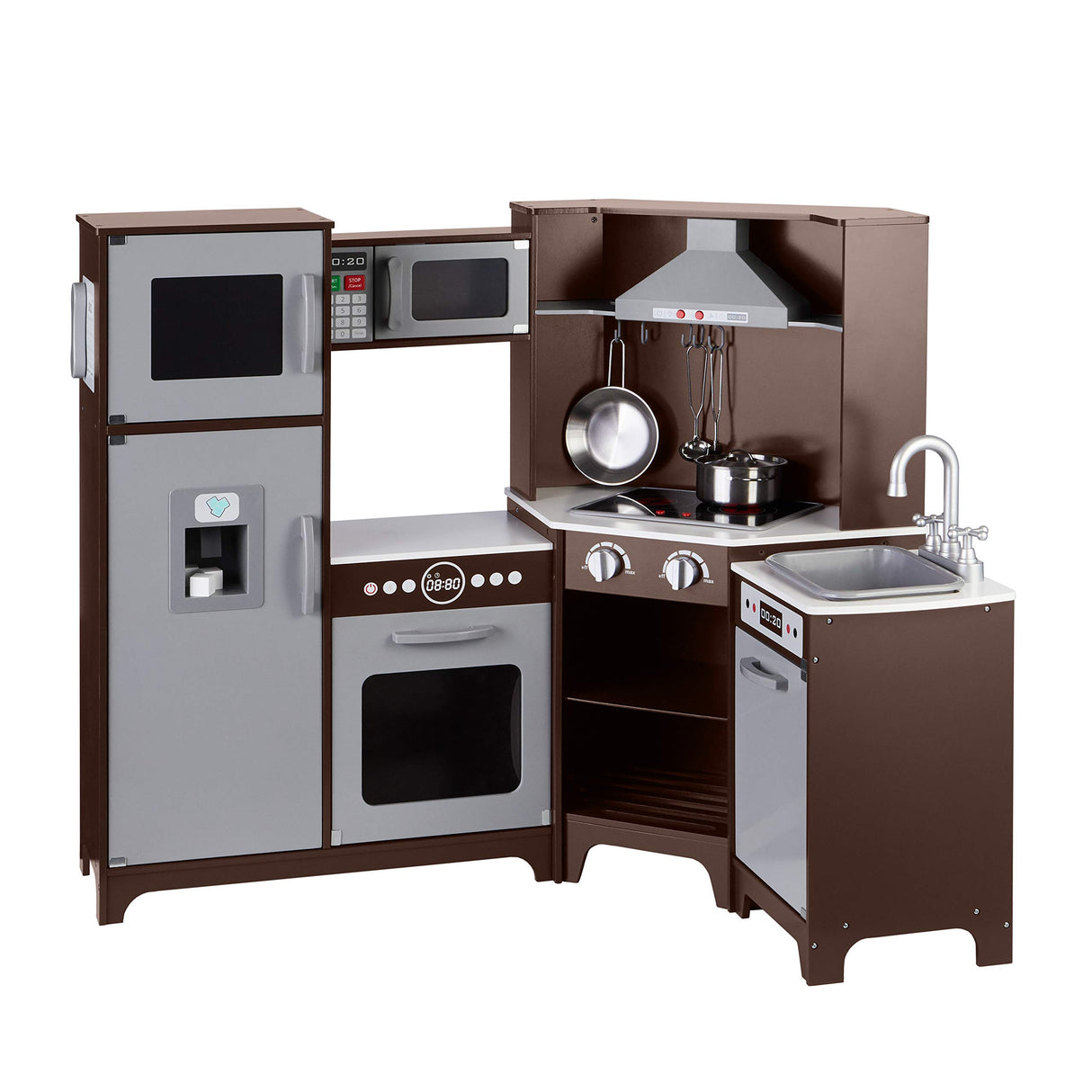 Amazon Basics Cocina de juguete, forma esquinada, de madera, con puertas interactivas, pomos y luces, 99 x 71 x 89 cm, color marrón espresso y gris