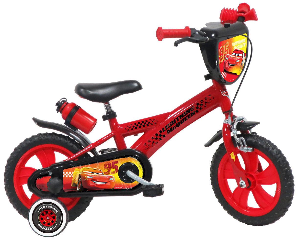 A.T.L.A.S. Bicicleta de 12'' Spiderman Equipada con 1 Freno, Placa Delantera Decorativa, Guardabarros, cárter y estabilizadores Cars niño, Rojo