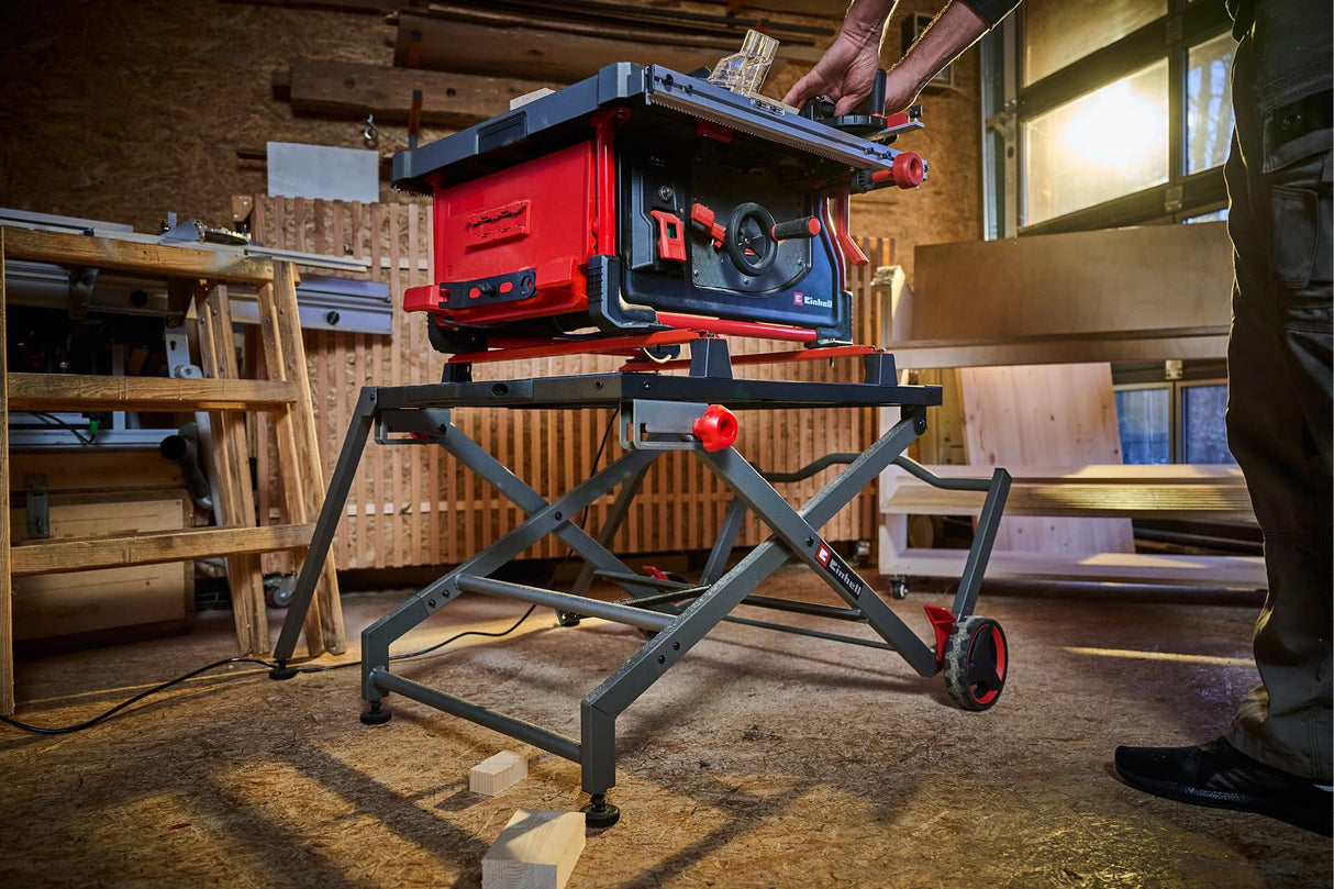 Original Einhell Bastidor inferior de sierra E-Stand TSS (bastidor inferior para sierras circulares de mesa, plegable, asa de transporte, ruedas, construcción de acero robusta, colocación estable)