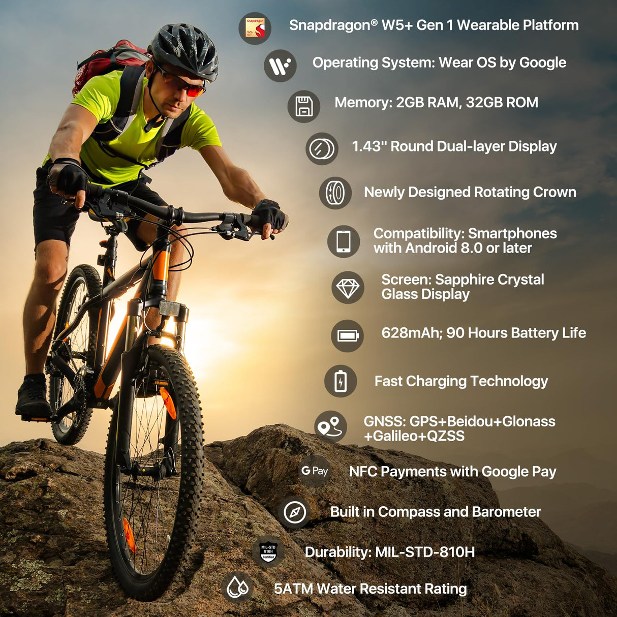Ticwatch Pro 5 Enduro Black Smartwatch para Hombres 1.43 "Android Wear OS Reloj Inteligente 90 Horas de batería 110+ Modos de Entrenamiento 7/24 Ritmo cardíaco No es Compatible con iPhone/iOS