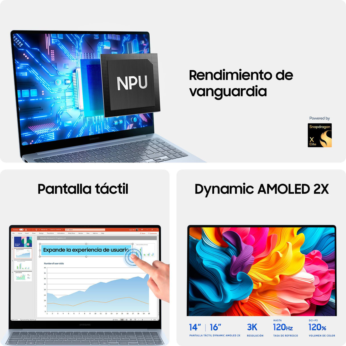 Samsung Galaxy Book4 Edge, Ordenador Portátil IA Copilot+, PC 16" HDR, Snapdragon X Elite X1E-84-100, 16GM RAM, 1TB SSD, Qualcomm Adreno GPU, Windows 11 Home, Azul, Teclado QWERTY Español