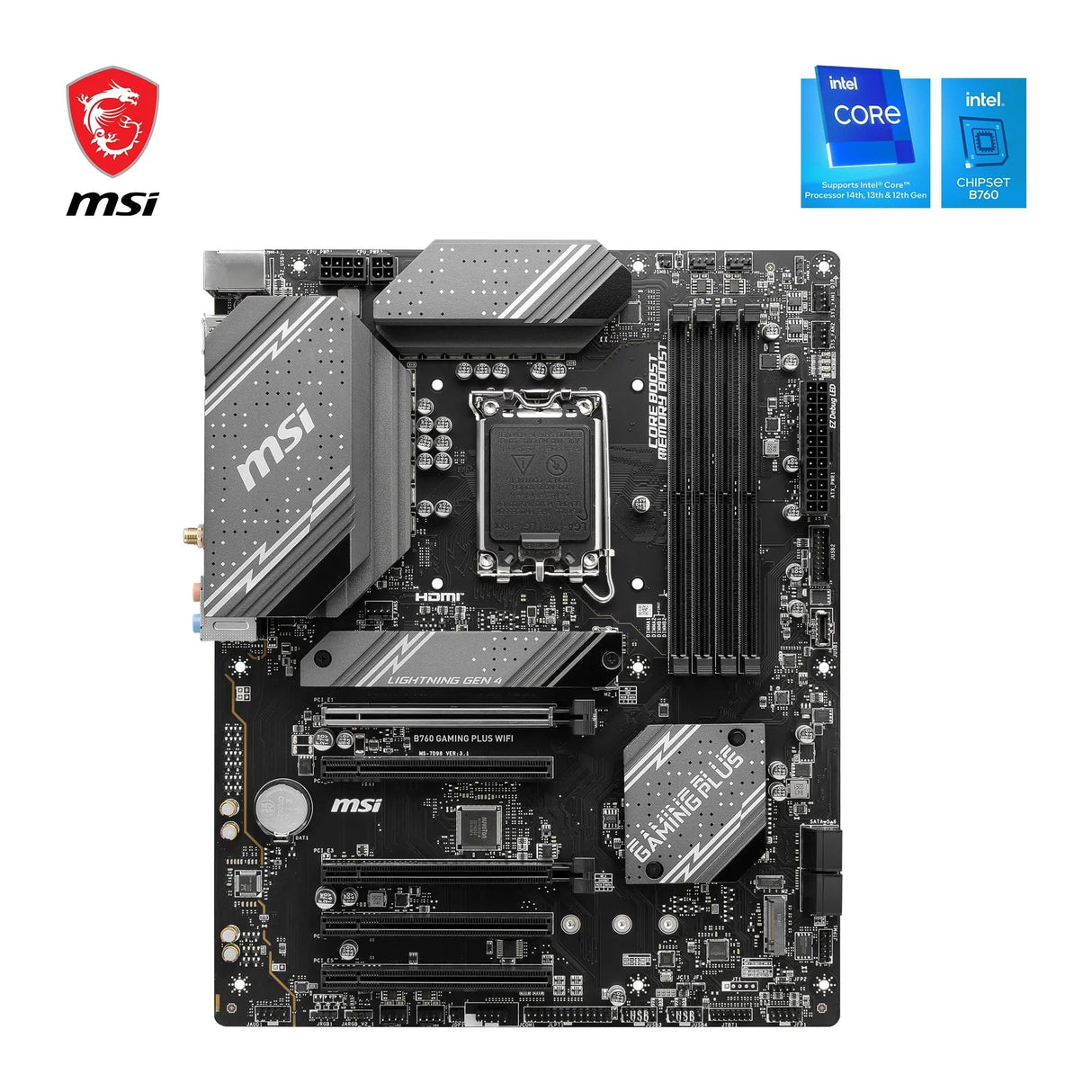 Msi B760 Gaming Plus Wi-Fi 6E - Placa Base ATX, LGA 1700, 12a y 13a Generación de Core, Memoria DDR5, Ranuras PCIe 4.0 x16 Dobles, Incluye un Módulo Intel con Bluetooth 5.3 y LAN a 2.5 Gbps