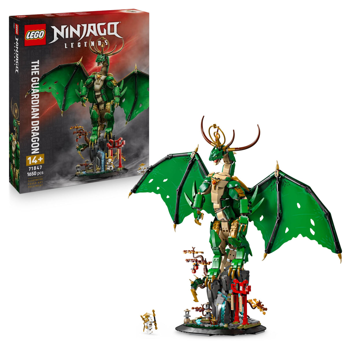 LEGO Ninjago Dragón Guardián - Kit de Maquetas - Figura Articulada de Dragón, Minifigura del Maestro Wu y Base de Exposición con Efecto de Roca - Regalo para Chicos de 14+ Años y Adolescentes 71847